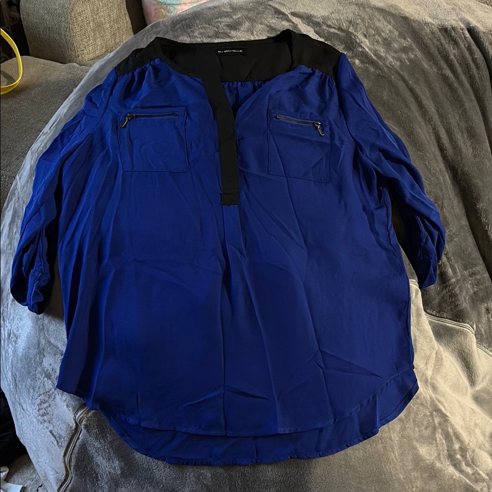 Blue and Black Blouse with Zipper Details